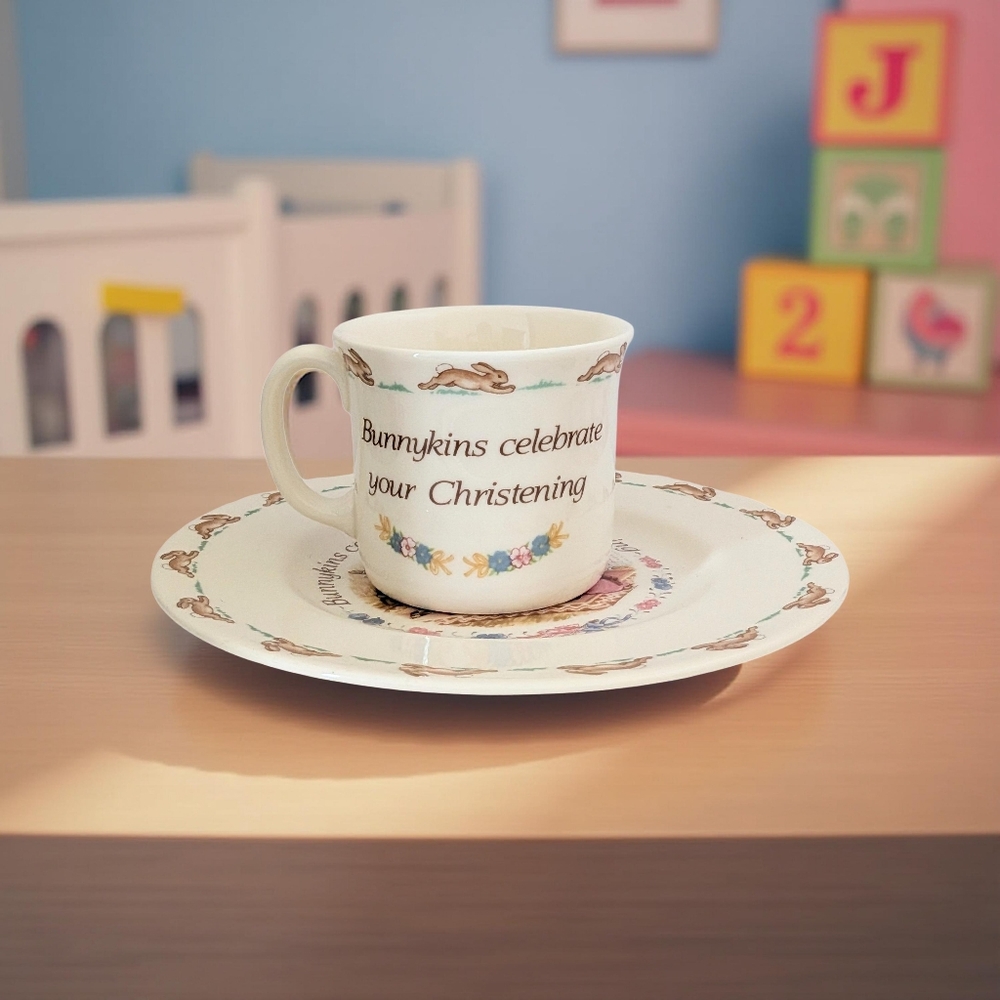 Royal Doulton Bunnykins Christening Cup and Saucer Set - Cream and Brown